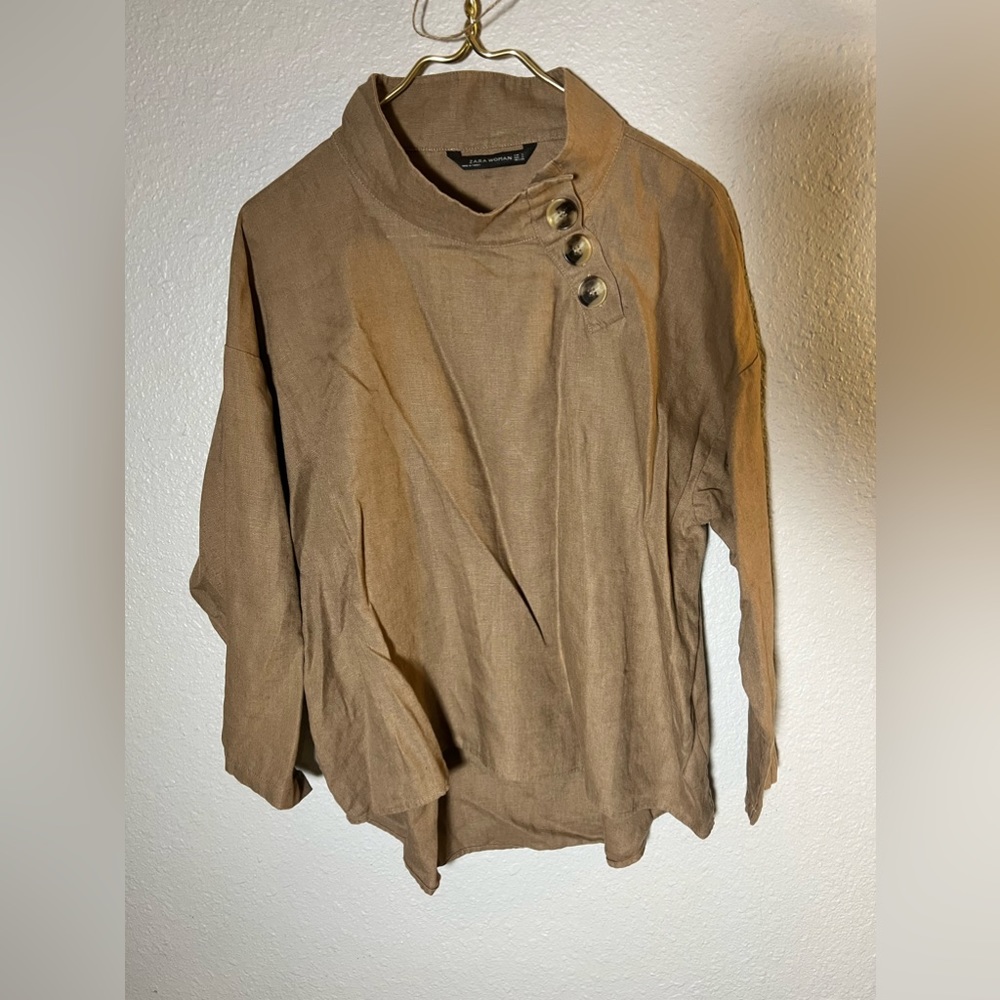 Zara Beige linen boxy top high button neck size S Small oversized